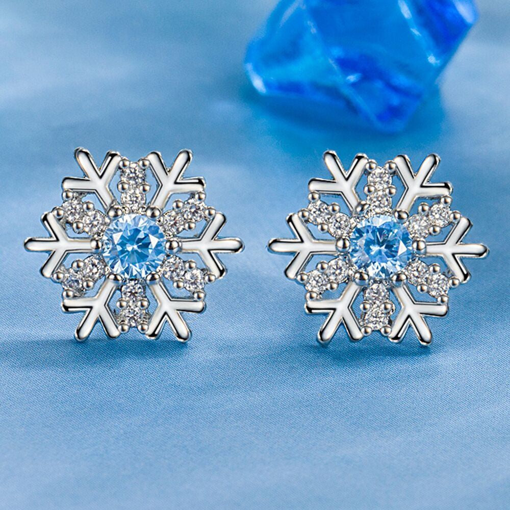 Christmas Crystal Snowflake Stud Earrings 925 Sterling Silver Womens Jewellery