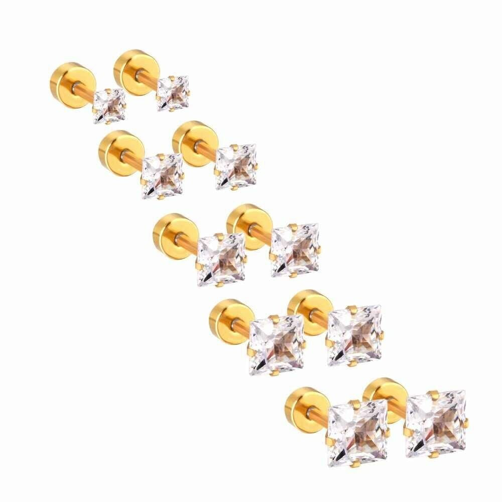 Screw Back Square 14K Gold Plated Stud Earrings Cubic Zirconia Women Men Girls