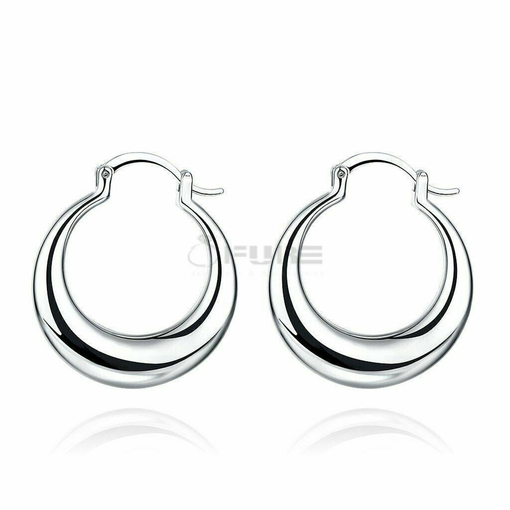 925 Sterling Silver Plated Chunky Thick Moon Huggies Hoop Stud Fashion Earrings