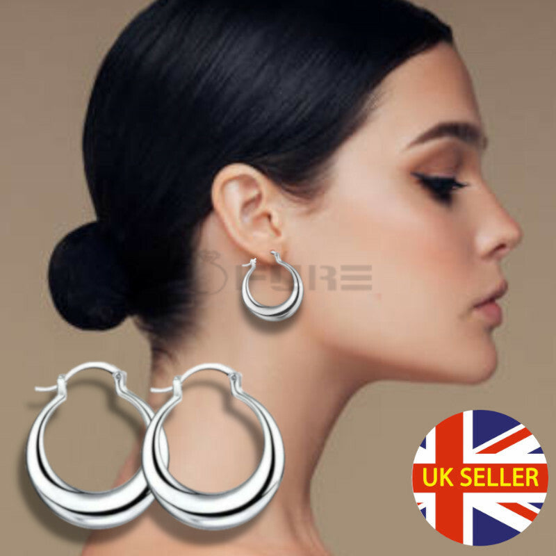 925 Sterling Silver Plated Chunky Thick Moon Huggies Hoop Stud Fashion Earrings