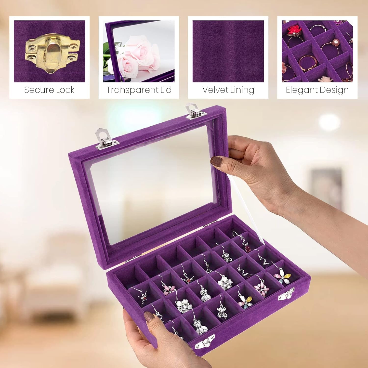 Velvet Earring Jewelry Box - 24 Grid Small Jewelry Earring Organizer Box with Snap Button - Earring Holder for Girls and Teen, Secure and Travel Friendly Purple