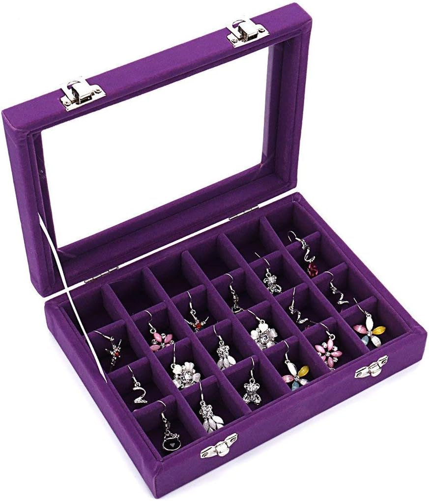 Velvet Earring Jewelry Box - 24 Grid Small Jewelry Earring Organizer Box with Snap Button - Earring Holder for Girls and Teen, Secure and Travel Friendly Purple